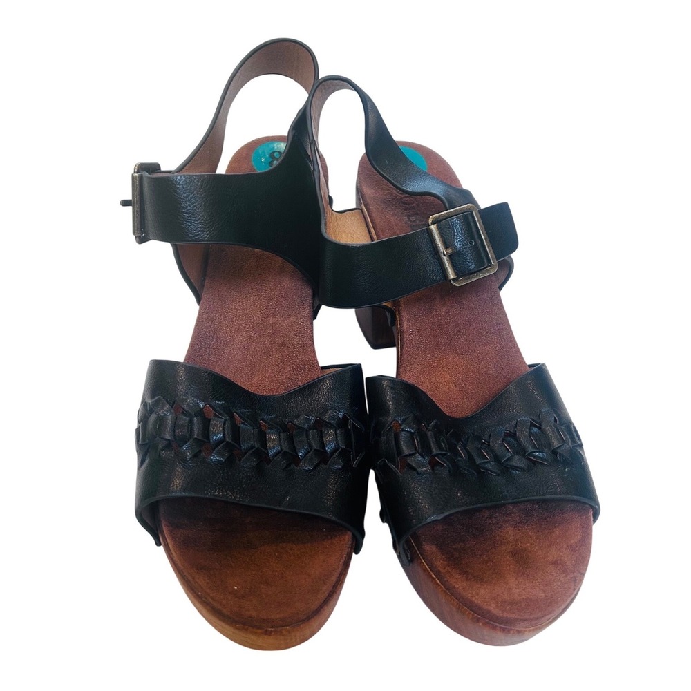 White Mountain Black Woven Platform Sandals‎ Wood Block Heel Clog Womens 8